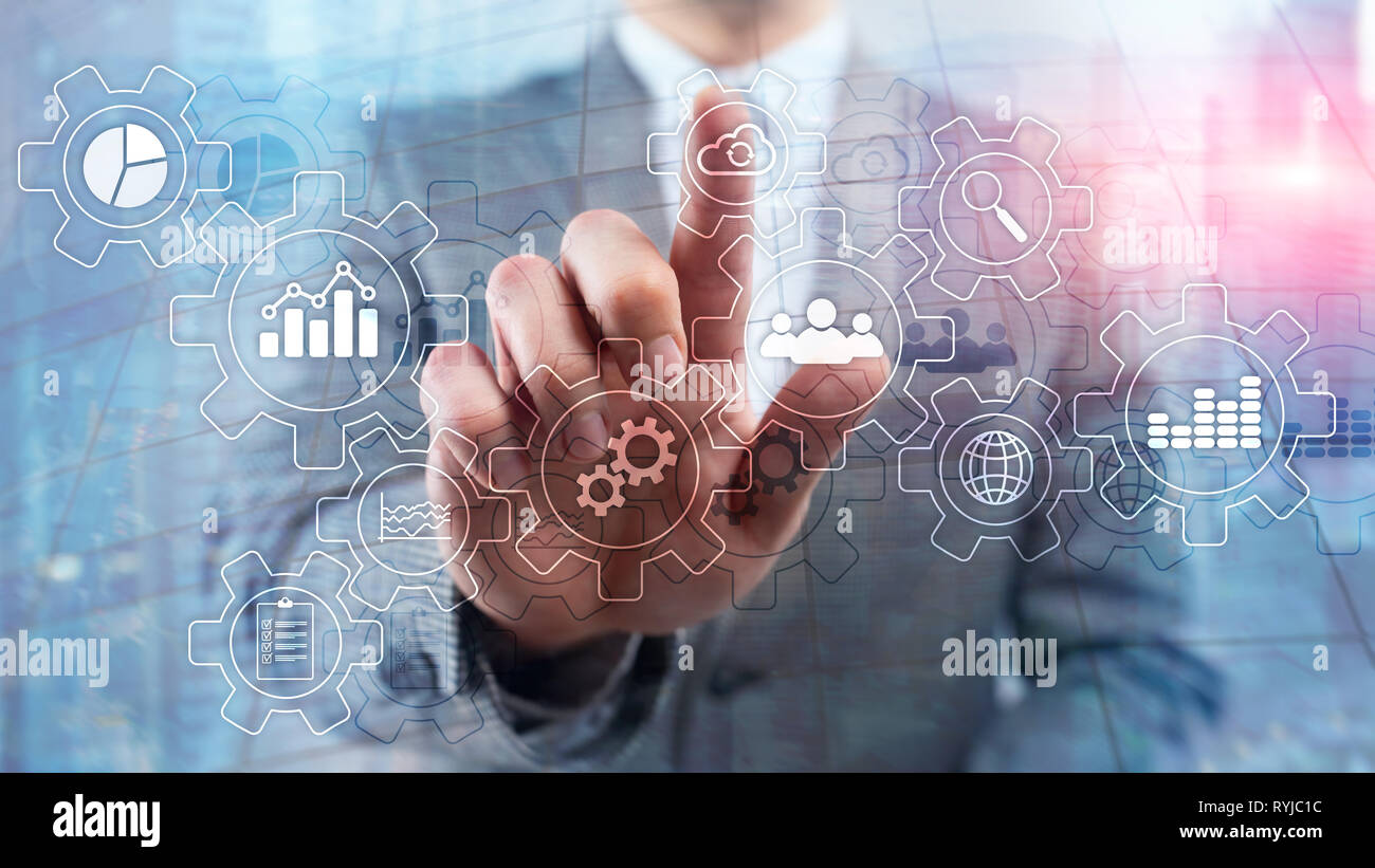 Business Process abstract Diagramm mit Getrieben und Symbole. Workflow- und Automatisierungstechnik Konzept Stockfoto