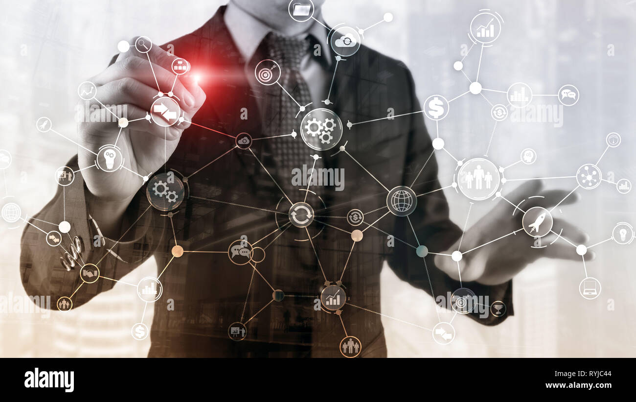 Business Process Workflow Diagramm Struktur Industrielle Automation innovation Konzept auf virtuellen Bildschirm mixed Media. Stockfoto