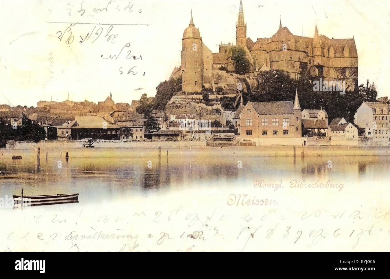 Albrechtsburg in Meißen, Elbe, Ruderboote in Deutschland, Gebäude in Meißen Meißner Dom, 1898, Meißen Stockfoto