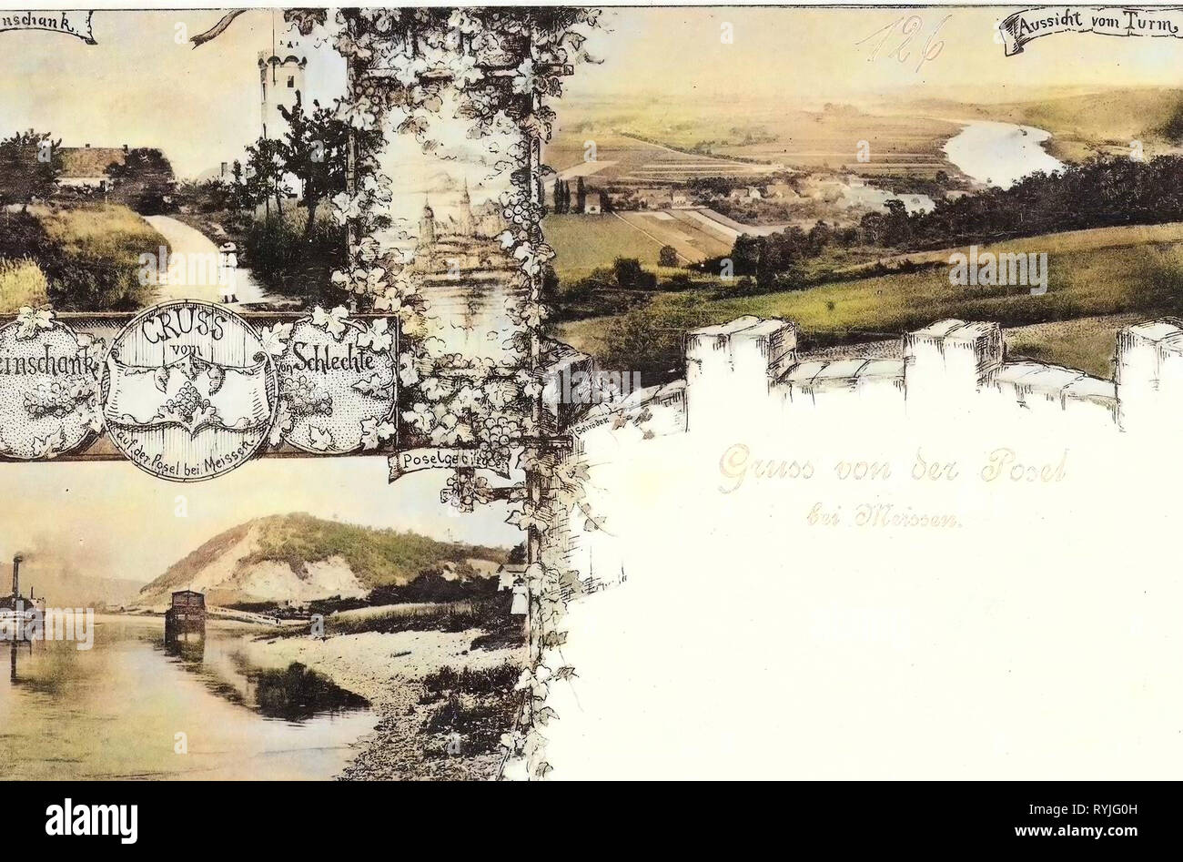Wachtürme in Deutschland, Dampfschiffe in Deutschland, Multiview Postkarten, Elbe in Meißen, Piers in Sachsen, Weinstuben in Sachsen, 1898, Meißen, Bosel Stockfoto