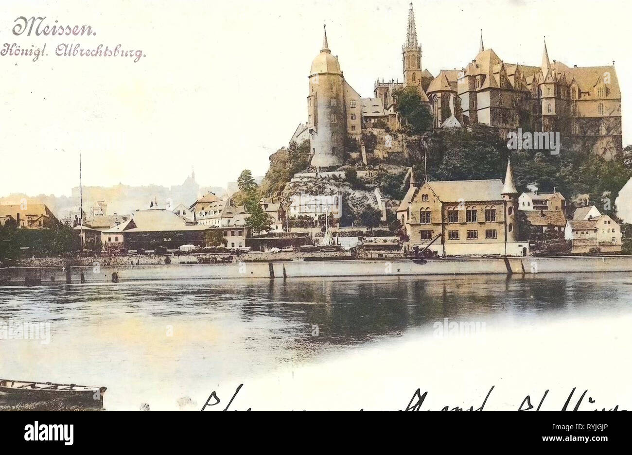 Albrechtsburg, Ruderboote in Deutschland, Gebäude in Meißen Meißner Dom, Elbe, 1898 Stockfoto