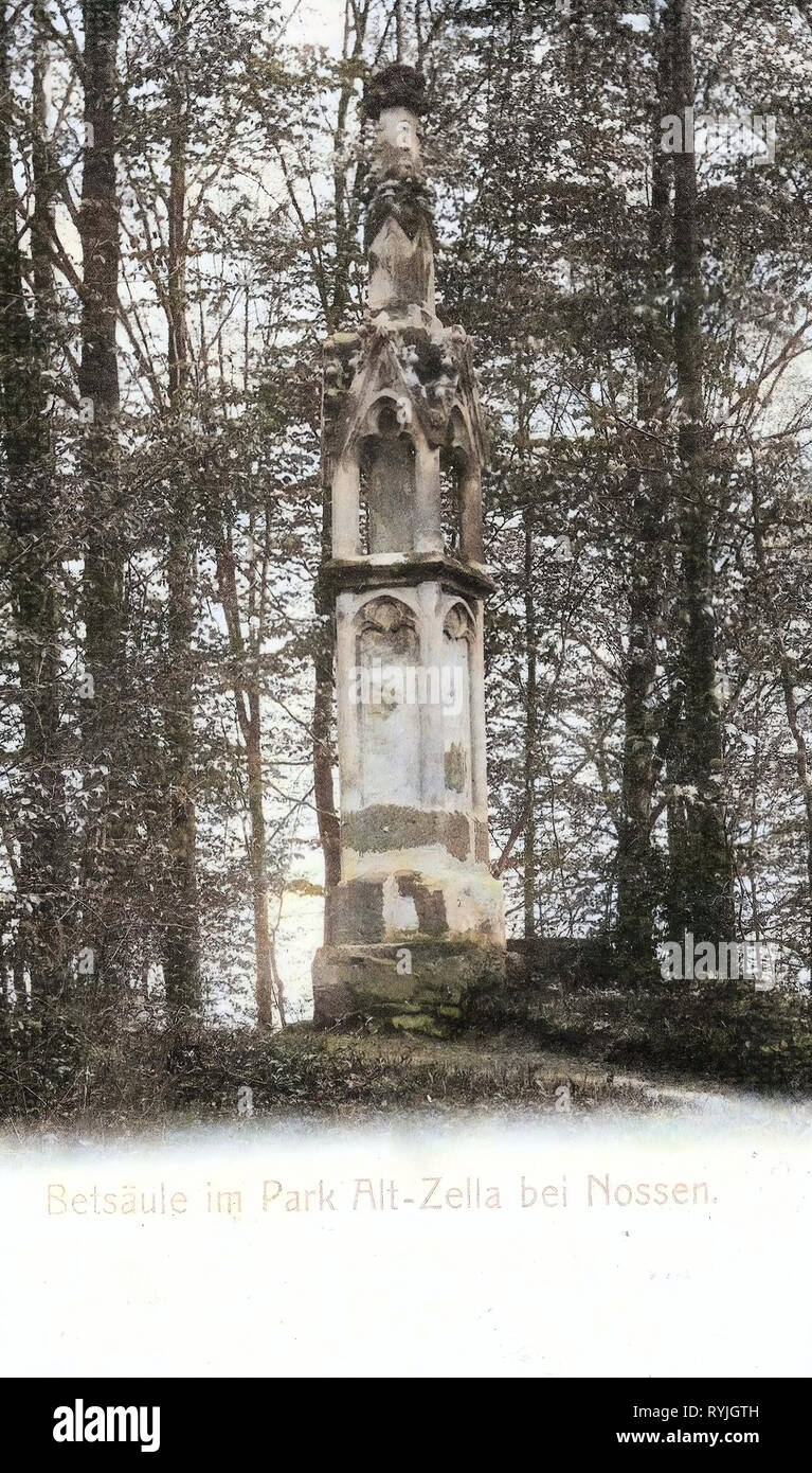Bildstöcke in Sachsen, Skulpturen im Klosterpark Altzella, 1898, Landkreis Meißen, Alt, Zella, Betsäule, Deutschland Stockfoto