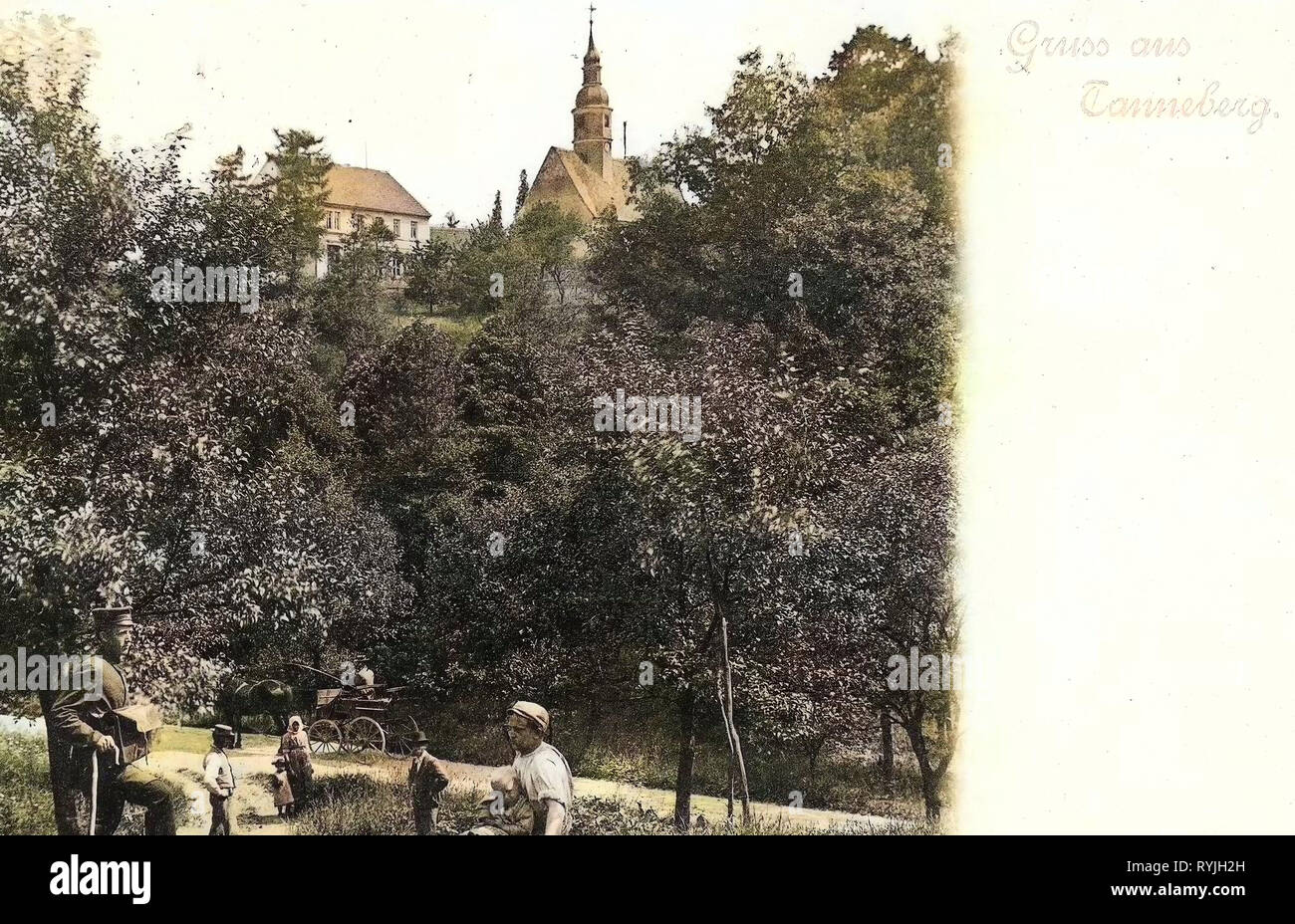 Kirchen in Erzgebirgskreis, Pferdekutschen in Deutschland, Postboten, Tannenberg (Sachsen), 1898, Erzgebirgskreis, Tannenberg, Ansicht Stockfoto