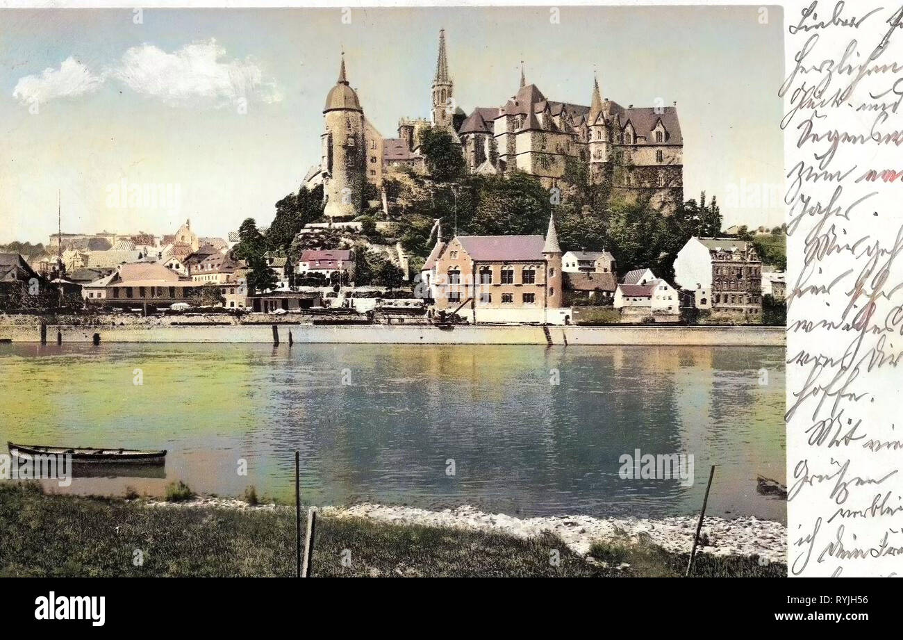 Albrechtsburg in Meißen, Elbe, Ruderboote in Deutschland, Meißner Dom, Gebäude in Meißen, 1898 Stockfoto