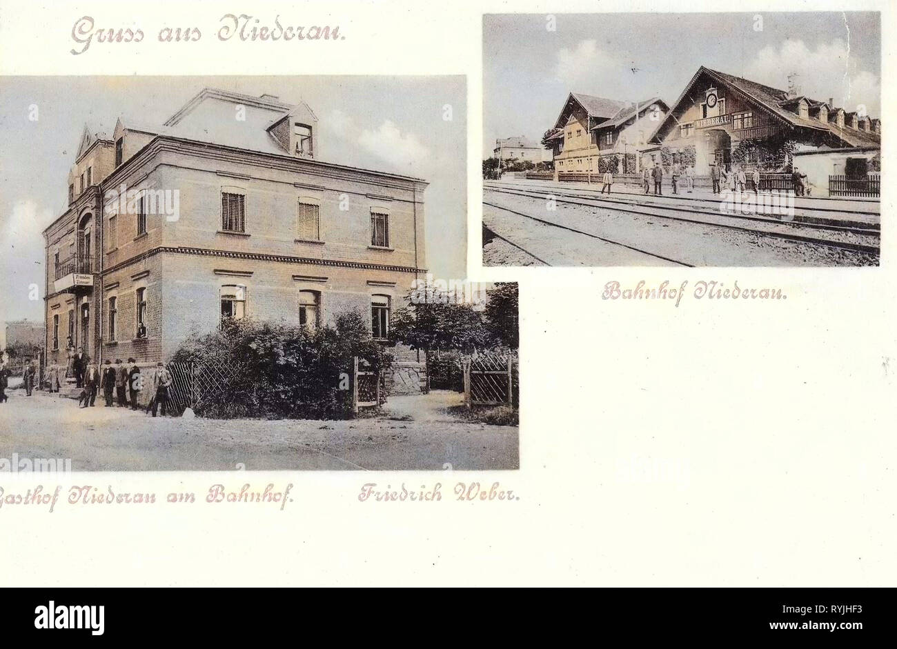 Bahnhof Niederau, Restaurants im Landkreis Meißen, Multiview Postkarten, Niederau, 1898, Landkreis Meißen, Gasthof am Bahnhof, Bahnhof, Deutschland Stockfoto