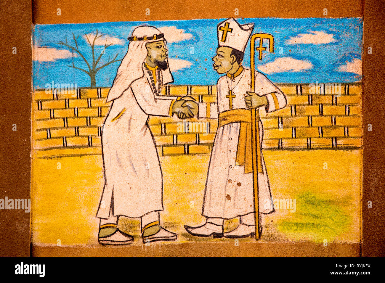 Wandmalerei, die religiöse Toleranz in Ouahigouya, Burkina Faso. Stockfoto