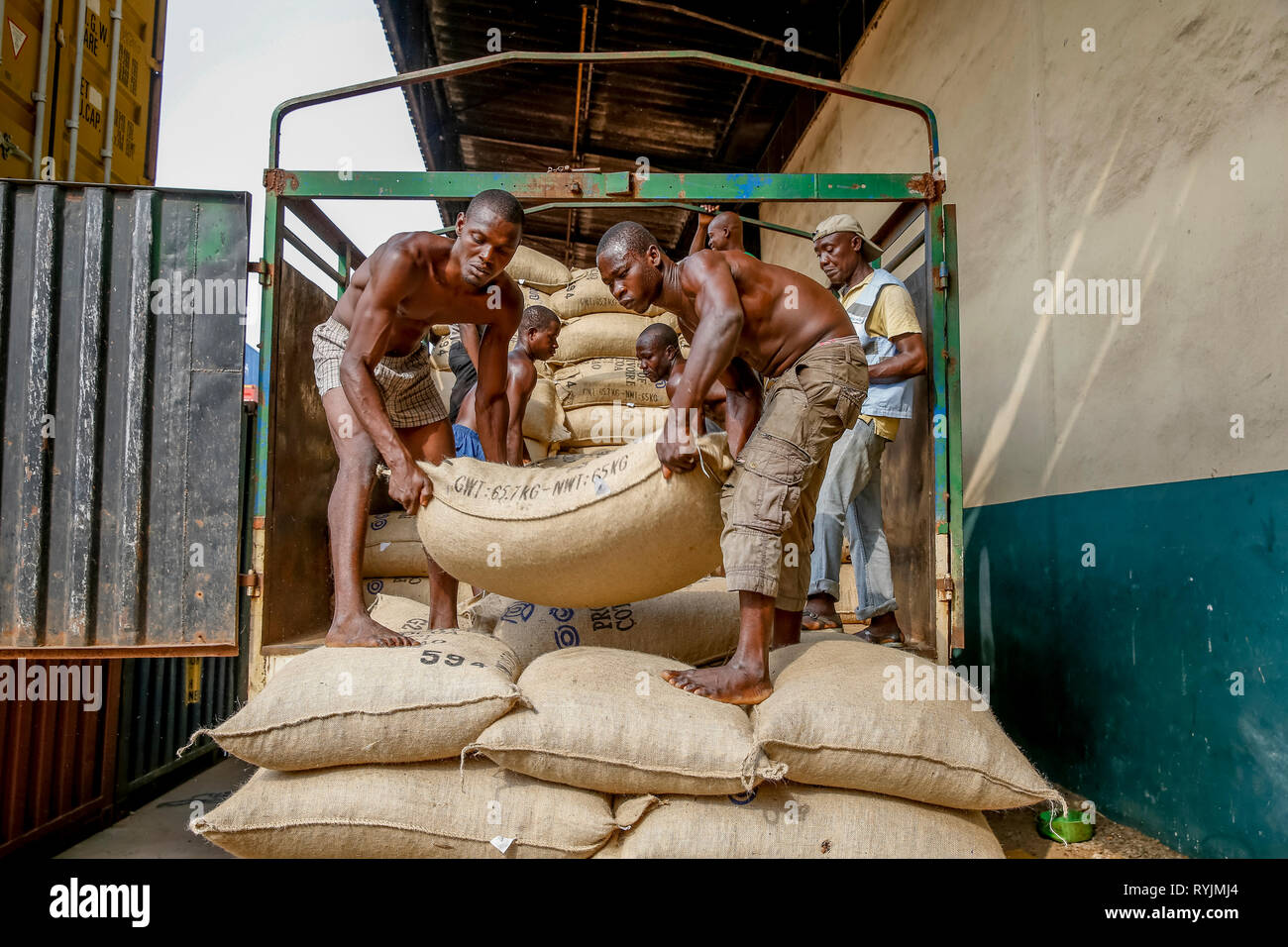 Entladen Säcke von Kakao in Abidjan Port. Stockfoto