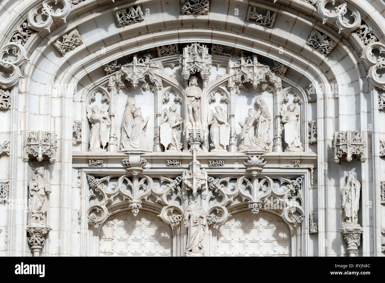 Das königliche Kloster von Brou. Die Kirche ist ein Meisterwerk der Spätgotik. Western Portal. Bourg-en-Bresse. Frankreich. Stockfoto