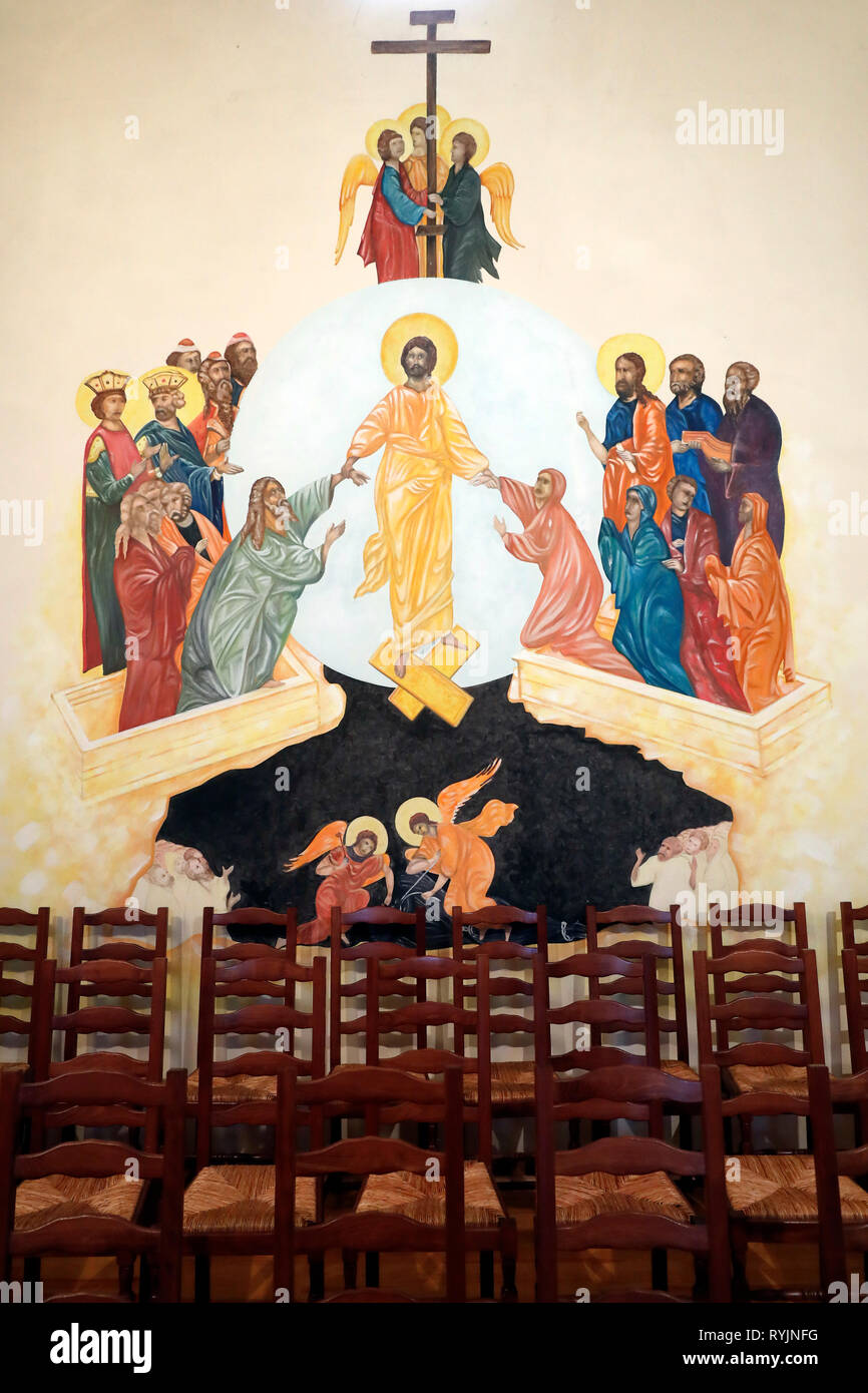 Anastasis (Die heilige Auferstehung). Malerei. Saint-Jean de Bosco Kirche. Wandmalerei. Bons en Chablais. Frankreich. Stockfoto