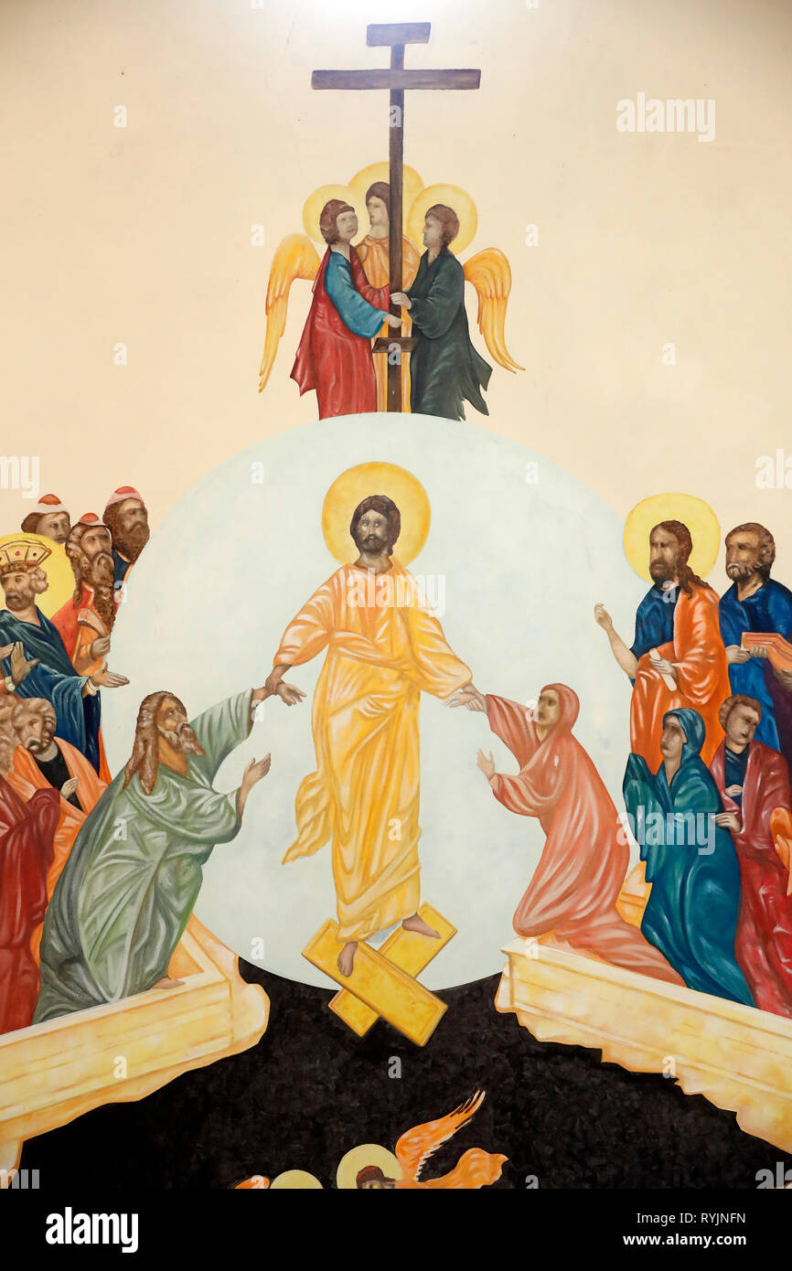 Anastasis (Die heilige Auferstehung). Malerei. Saint-Jean de Bosco Kirche. Wandmalerei. Bons en Chablais. Frankreich. Stockfoto