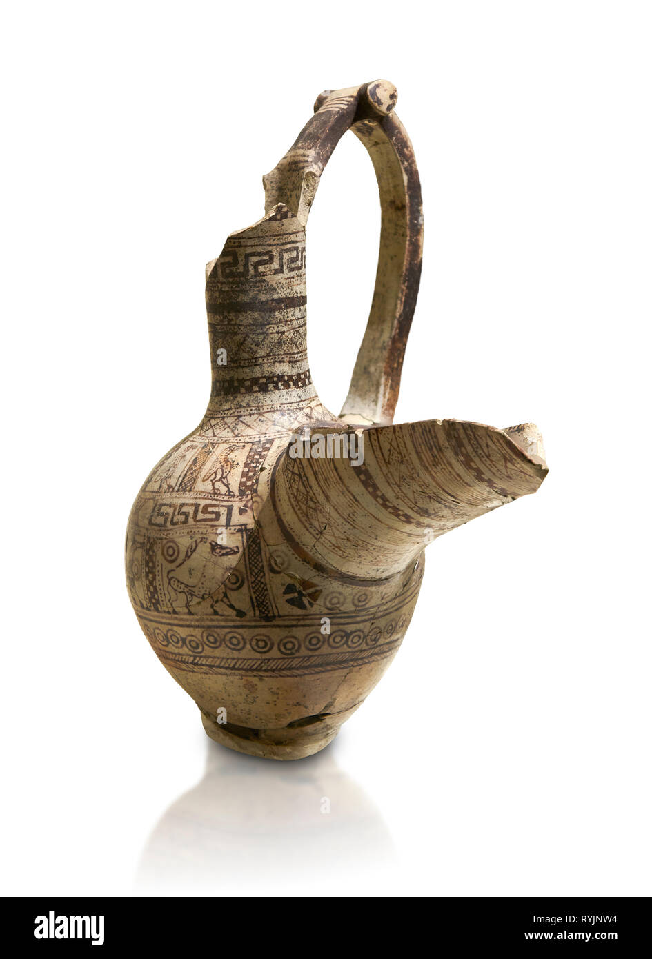 Phrygische terracotta Keramik Gefäß mit einem Sieb und langen Ausguss, mit geometrischen Mustern und Bildern der Tiere und der Vögel eingerichtet, von gordi Stockfoto