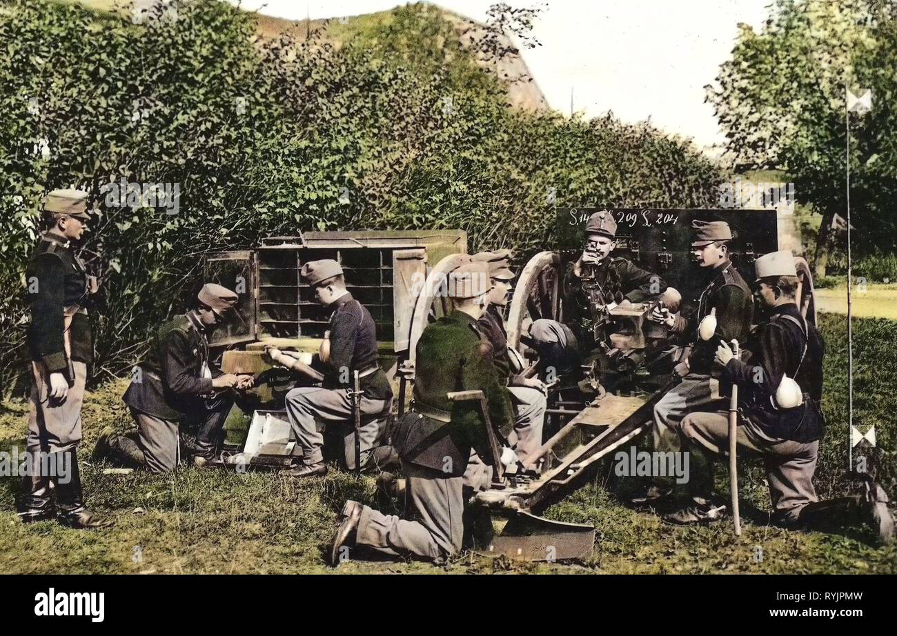 8 cm M. 5/8, österreichisch-ungarischen Armee, 1910, Aussig, Theresienstadt, Feldartillerie Suchen eines Hilfszieles rückwärts, Tschechische Republik Stockfoto