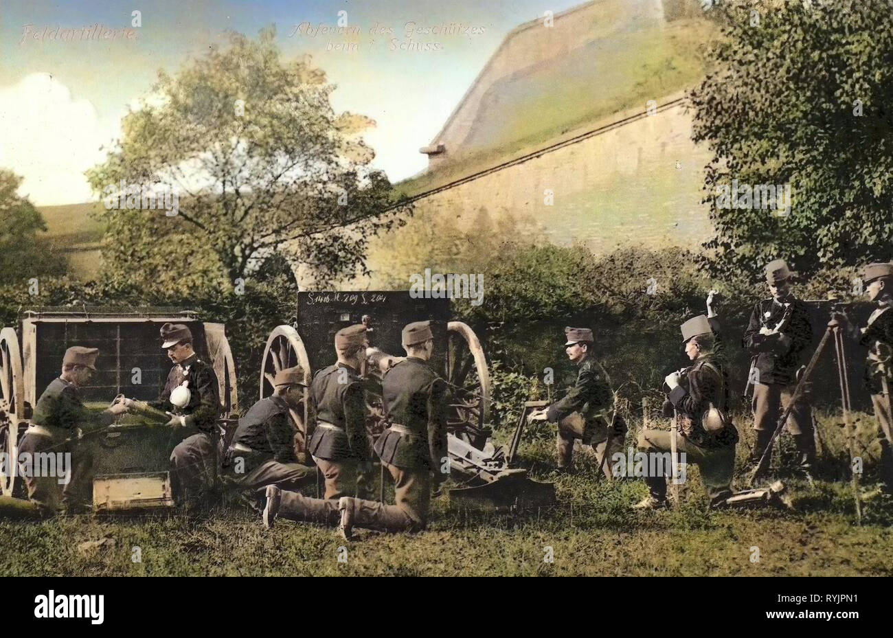 8 cm M. 5/8, österreichisch-ungarischen Armee, 1910, Aussig, Theresienstadt, Feldartillerie Abfeuern des Geschützes beim 1. Schuß, Tschechische Republik Stockfoto