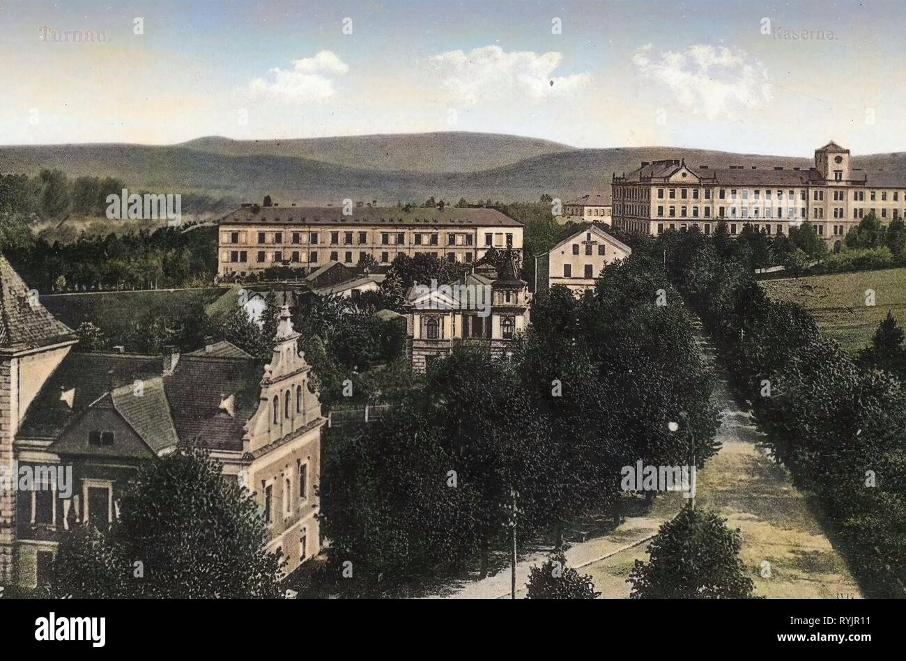 Österreichisch-ungarischen Armee Kaserne in Turnov, Gebäude in Turnov, 1911 Postkarten, Turnau, 1911, Kaserne Stockfoto