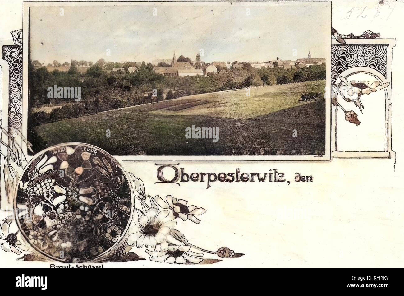 Gemälde in Sachsen, Leiterwagen, St.-Jakobus-Kirche Pesterwitz 1899, Landkreis Sächsische Schweiz-Osterzgebirge, Oberpesterwitz, Gesamtansicht, Braut, Schüssel von 1699, Deutschland Stockfoto