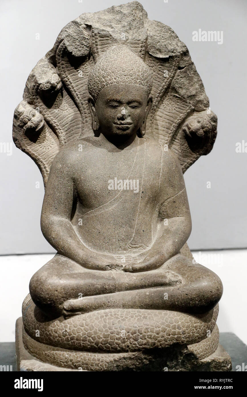 Museum der vietnamesischen Geschichte. Die Erleuchtung des Buddha. Angkor Wat. 10. Jahrhundert. Sandstein. Ho Chi Minh City. Vietnam. Stockfoto