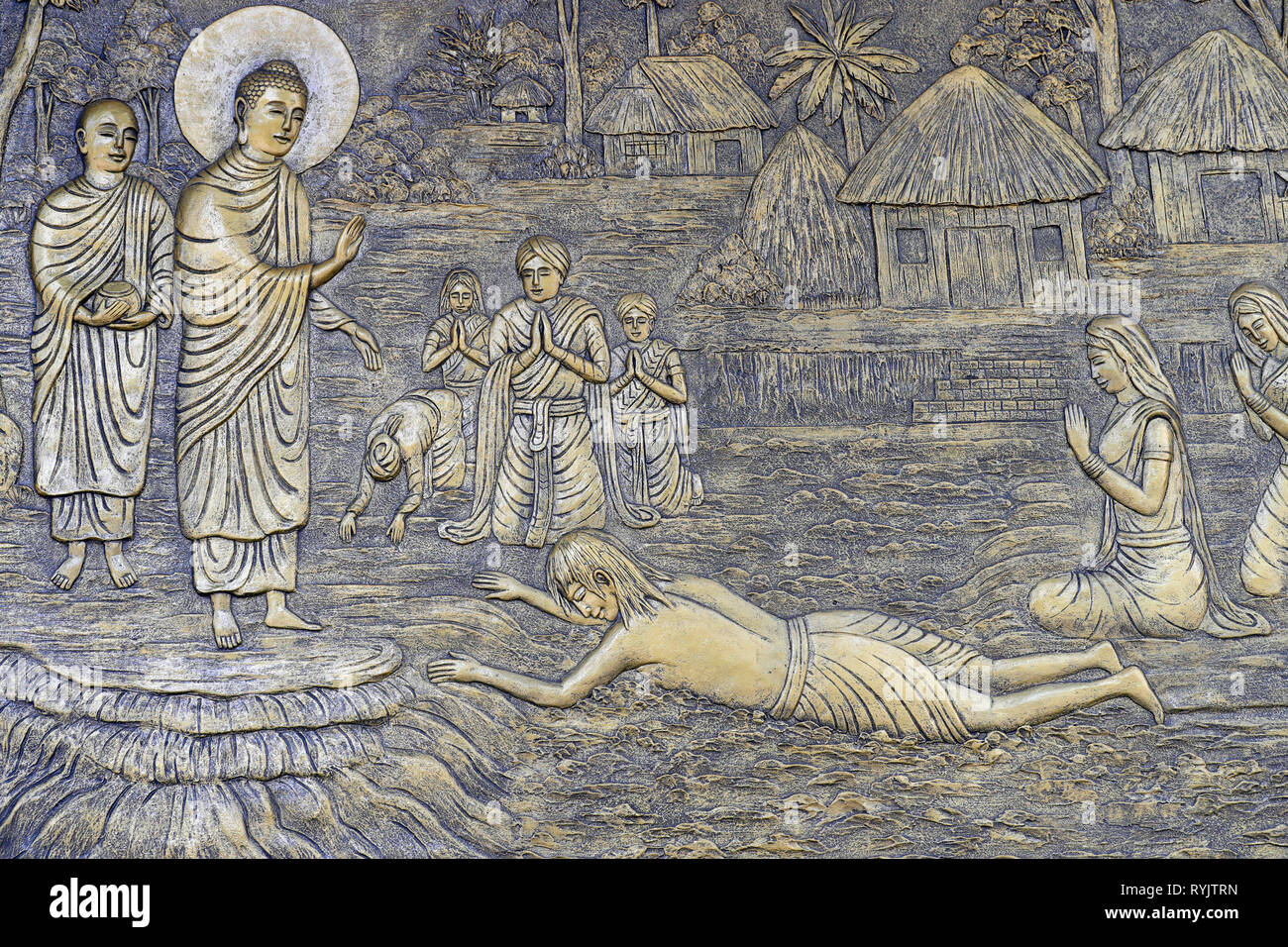 Tinh Xa Ngoc Chau buddhistischer Tempel. Das Leben des Buddha, Siddhartha Gautama. Der Buddha die Überwindung ein grausamer Mann, Angulimala, die abgeschnitten rechts ind Stockfoto