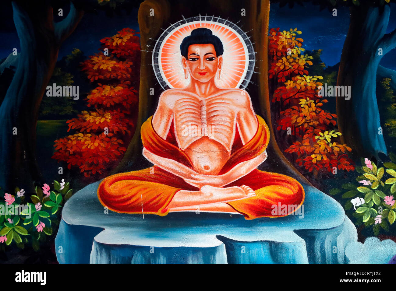 Das Leben des Buddha, Siddhartha Gautama. Die asketische Bodhisattva verbrachte sechs Jahre üben die Sparmaßnahmen und Meditation mit Standhaftigkeit sowie Stockfoto