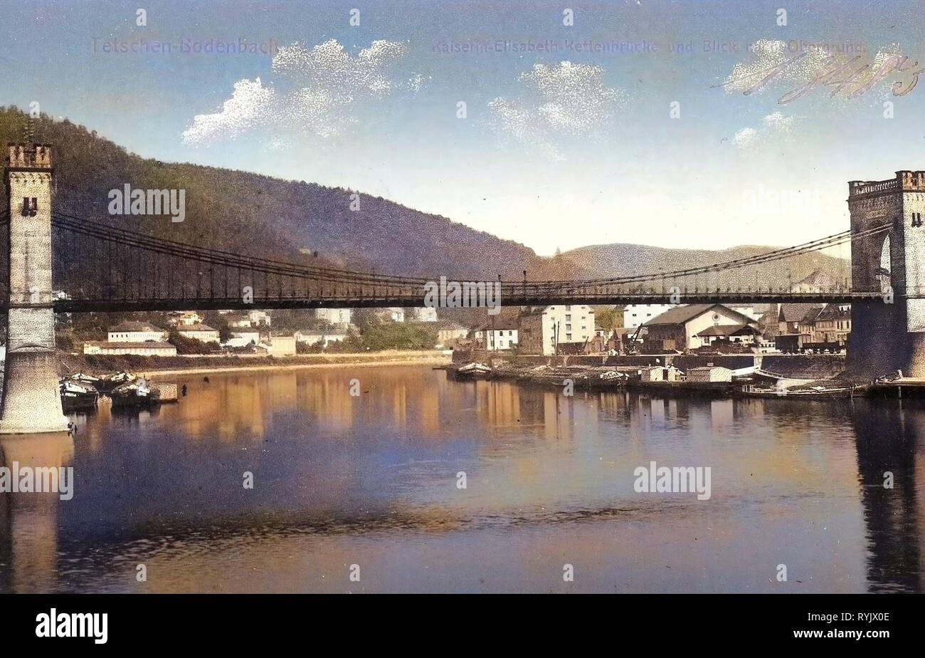 Kaiserin Elisabeth Brücke in Děčín, Gebäude in Děčín 1911, Aussig, Bodenbach, Blick / obergrund, Kettenbrücke, Tschechische Republik Stockfoto