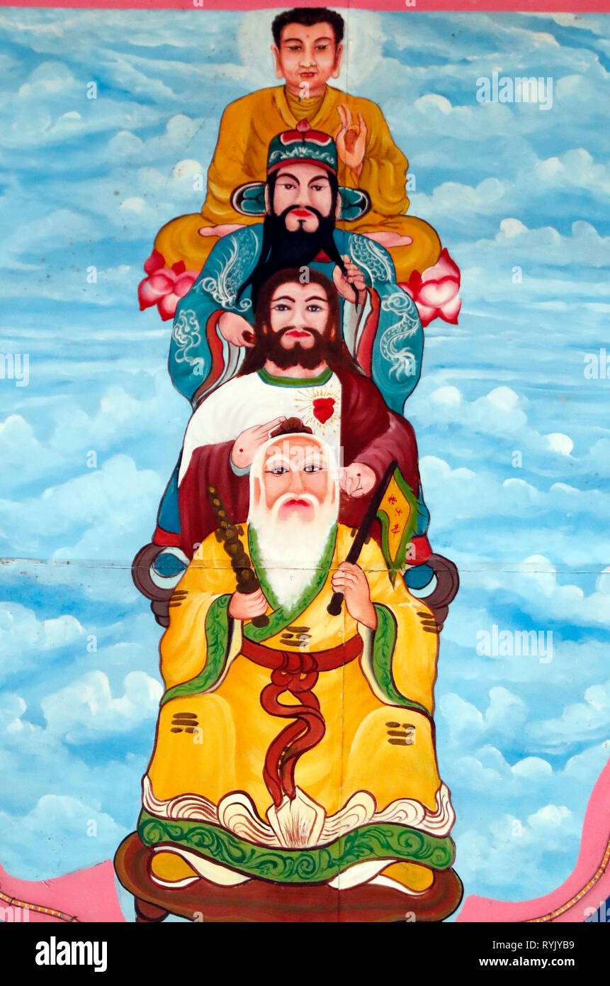 Cao Dai Tempel. Lao Tseu, Jesus, Bouddha und Konfuzius. Glaubensgemeinschaften. Ha Tien. Vietnam. Stockfoto