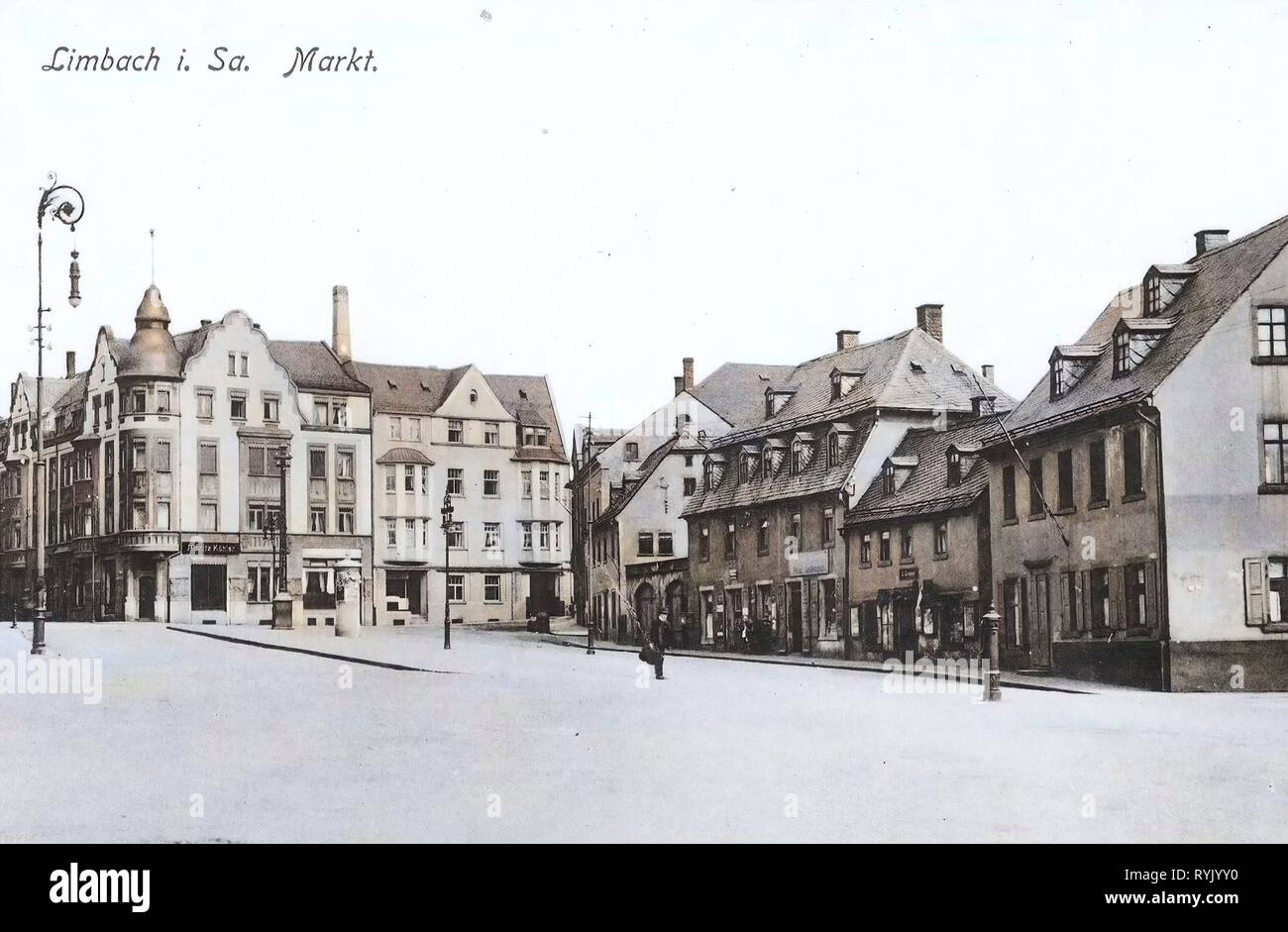 Marktplätze im Landkreis Zwickau, Gebäude in Limbach-Oberfrohna, Straßenbeleuchtung in Sachsen, Werbung Spalten in Sachsen, 1913, Landkreis Zwickau, Limbach, Marktplatz, Deutschland Stockfoto