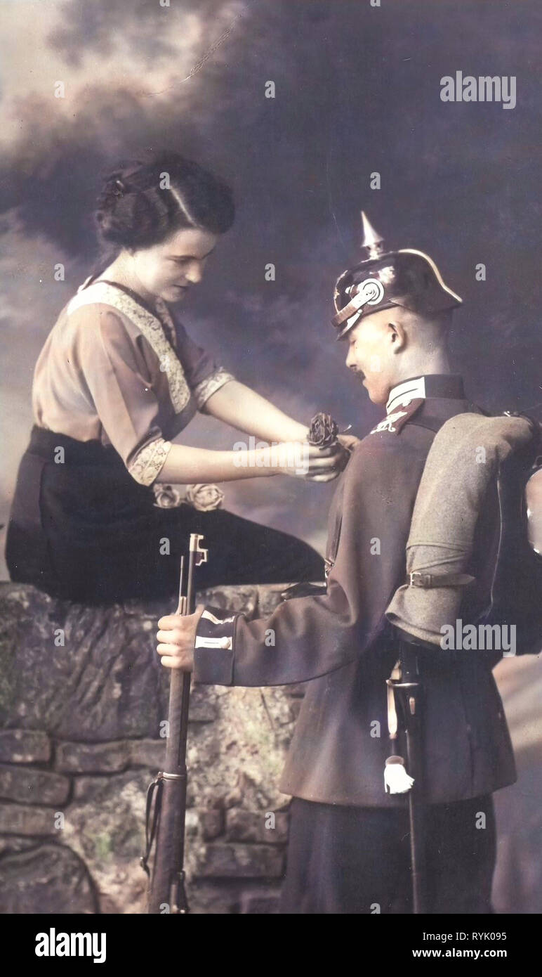 15. Königlich Sächsisches Infanterie-Regiment Nr. 181, verliebte Paare in Deutschland, Flirten, 1913, Meißen, Grenadiere Balustrade Stockfoto