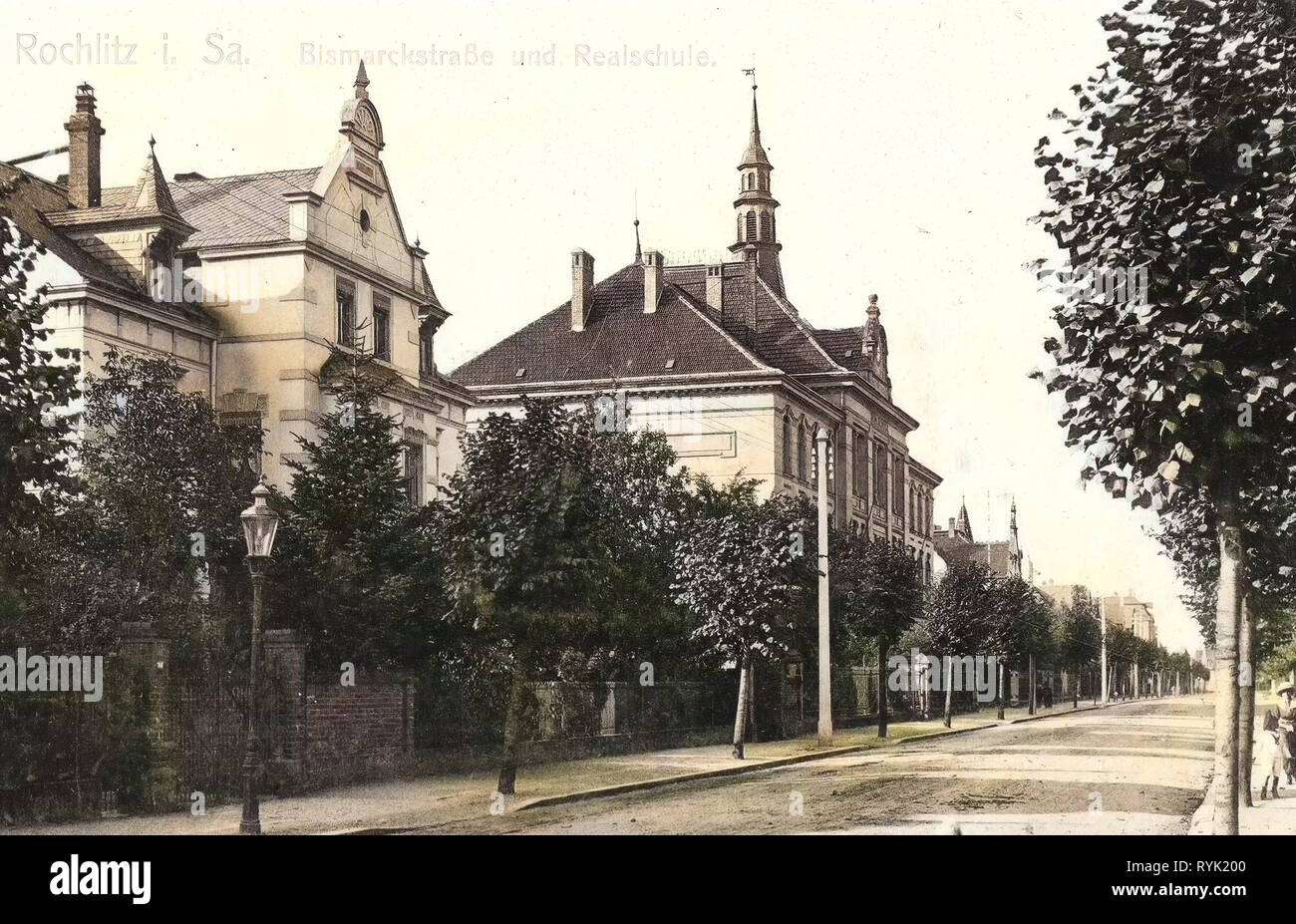 Schulen im Landkreis Mittelsachsen, Gebäude in Rochlitz, 1913, Landkreis Mittelsachsen, Rochlitz, Bismarckstraße und Realschule, Deutschland Stockfoto