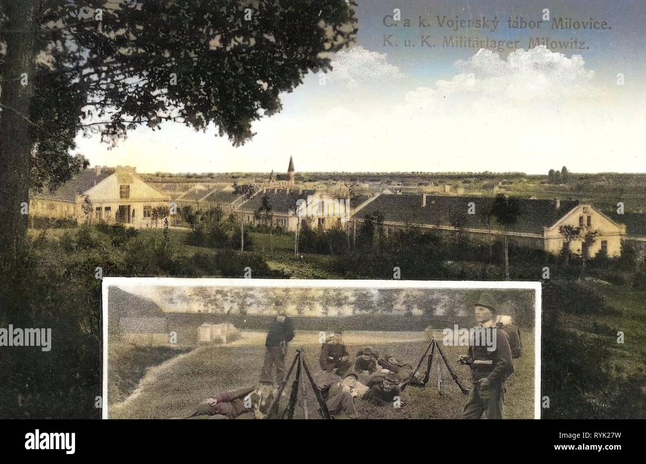 Infanterie Kaserne von Österreich-ungarn, österreichisch-ungarischen Armee, Multiview Postkarten, 1914, Mittelböhmische Region, Milowitz, Militärlager Stockfoto