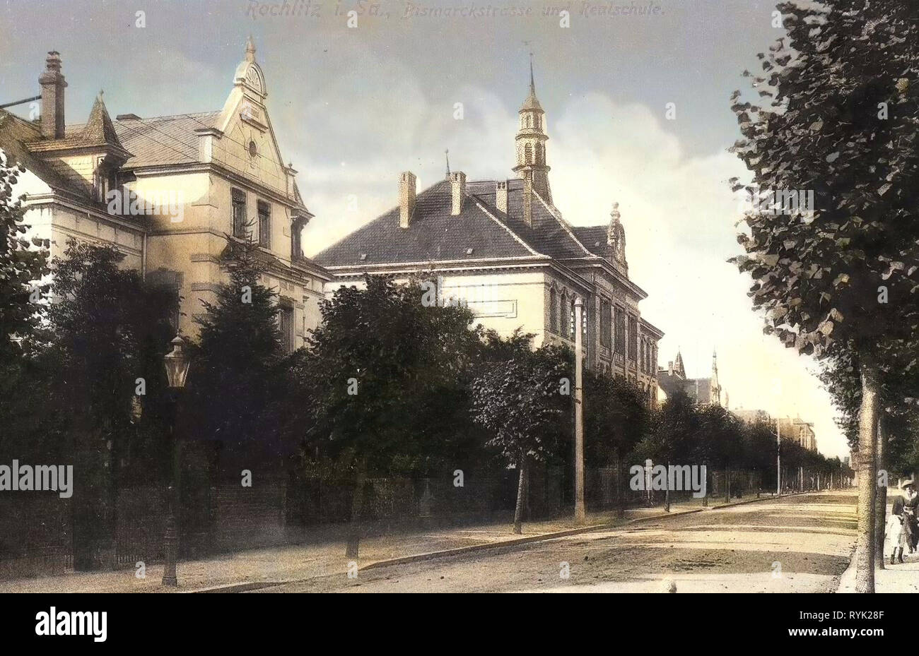 Schulen im Landkreis Mittelsachsen, Gebäude in Rochlitz, 1914, Landkreis Mittelsachsen, Rochlitz, Bismarckstraße und Realschule, Deutschland Stockfoto