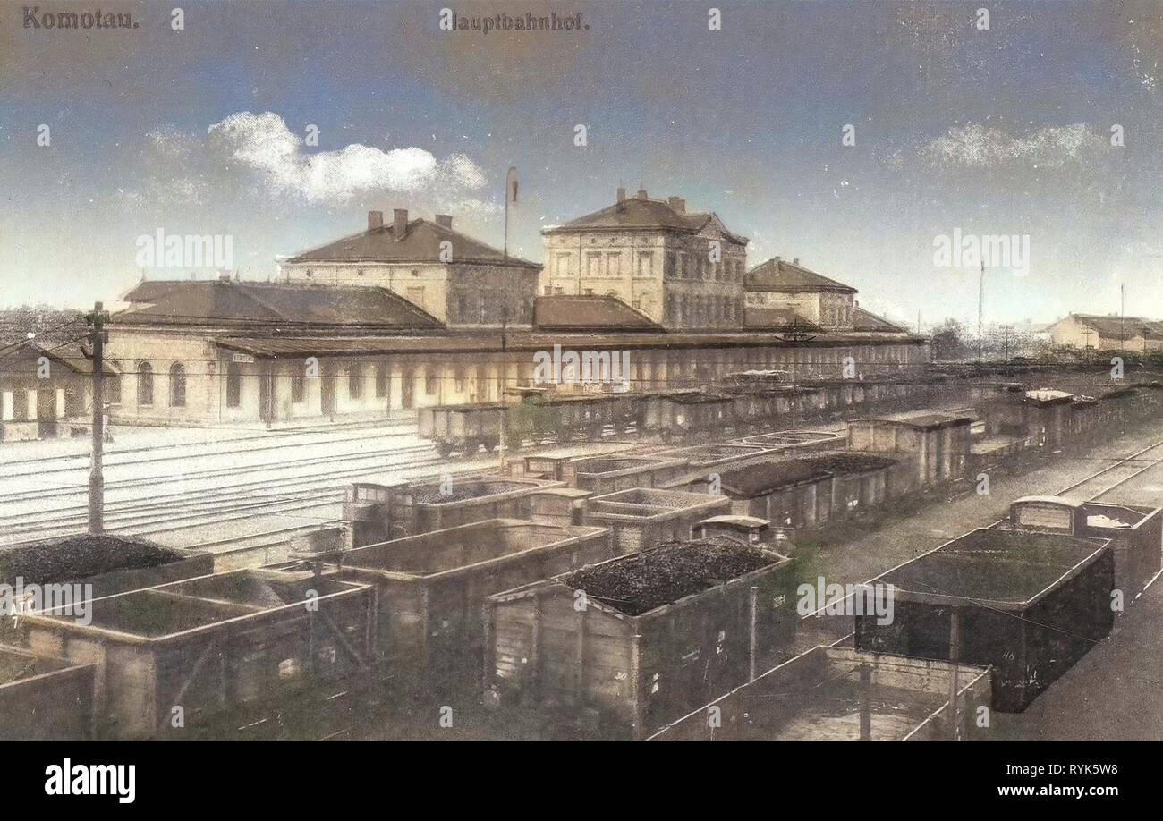 Der Trainer der Tschechischen Republik, der Republik Chomutov (Bahnhof), 1917 Postkarten, Komotau, 1917, Hauptbahnhof Stockfoto