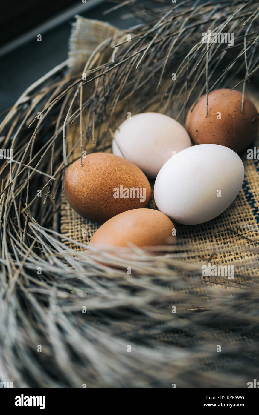 Ostern Dekoration. Fünf Eier im Nest. Stockfoto