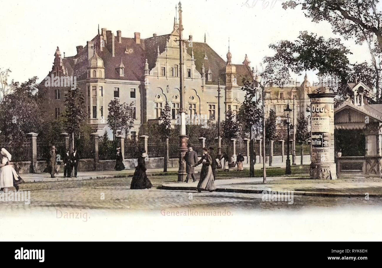 Militär in Westpreußen, Danzig Neues Rathaus, Hucisko (Danzig), gepflasterten Straßen in Danzig, Werbung Spalten in Danzig, Danzig in den 1900er Jahren, 1901, Woiwodschaft Pommern, Danzig, Generalkommando Stockfoto