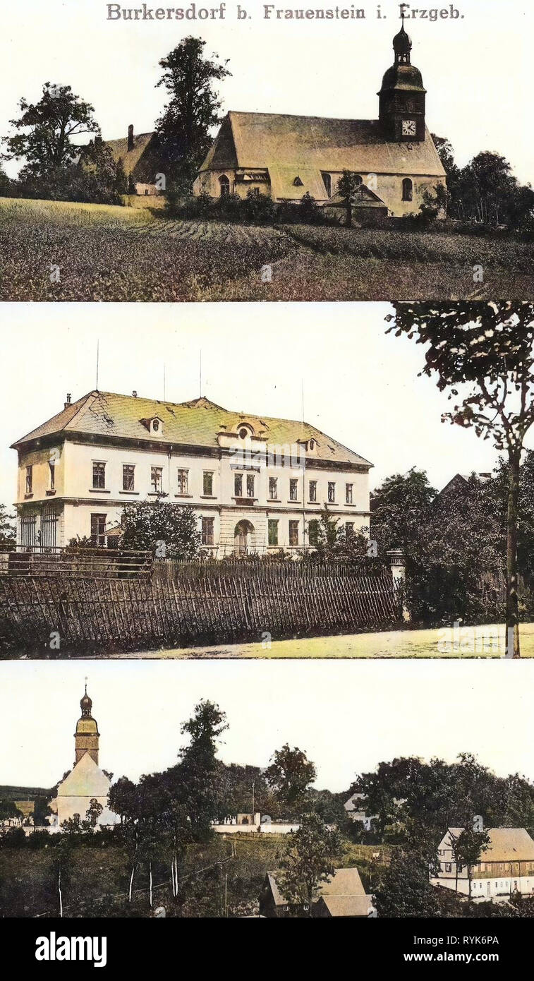 (Burkersdorf Frauenstein), Gebäude im Landkreis Mittelsachsen, Postkarten von Gebäuden im Landkreis Mittelsachsen, Kirchen im Landkreis Mittelsachsen, Multiview Postkarten, 1918, Landkreis Mittelsachsen, Ortsansichten, Deutschland Stockfoto