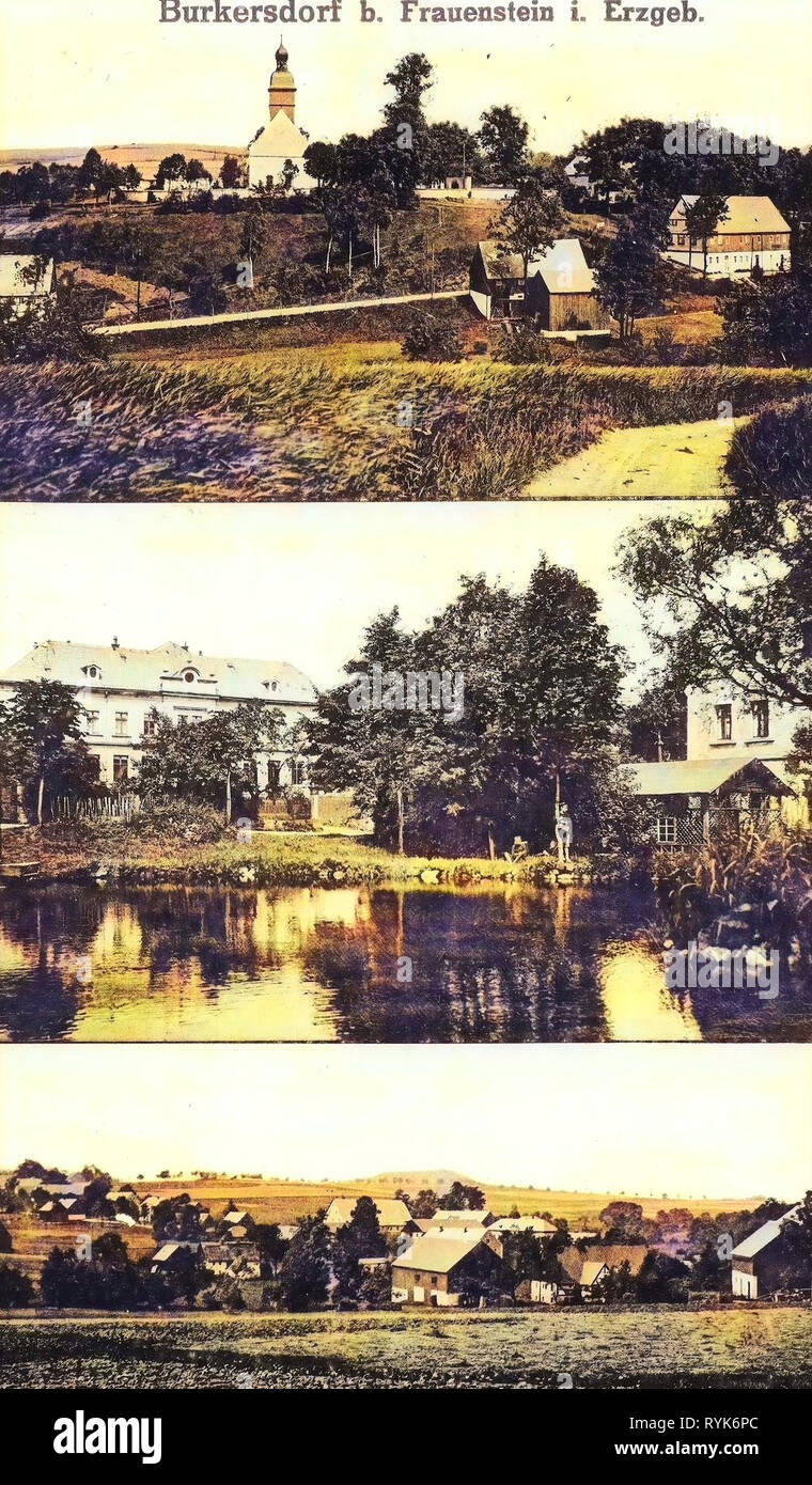 Gebäude im Landkreis Mittelsachsen, Postkarten von Gebäuden im Landkreis Mittelsachsen, Kirchen im Landkreis Mittelsachsen, Burkersdorf (Frauenstein), Teiche im Landkreis Mittelsachsen, Multiview Postkarten, 1918, Landkreis Mittelsachsen, Ortsansichten, Deutschland Stockfoto