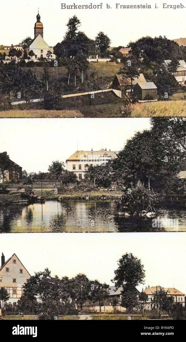 Gebäude im Landkreis Mittelsachsen, Postkarten von Gebäuden im Landkreis Mittelsachsen, Burkersdorf (Frauenstein), Kirchen im Landkreis Mittelsachsen, Teiche im Landkreis Mittelsachsen, Multiview Postkarten, 1918, Landkreis Mittelsachsen, Ortsansichten, Deutschland Stockfoto