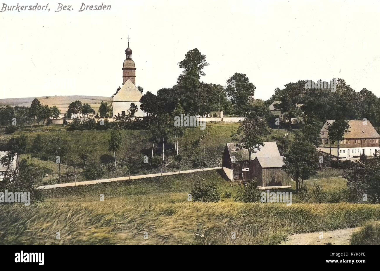 Gebäude im Landkreis Mittelsachsen, Postkarten von Gebäuden im Landkreis Mittelsachsen, Burkersdorf (Frauenstein), Kirchen im Landkreis Mittelsachsen, 1918, Landkreis Mittelsachsen, Burkersdorf, Deutschland Stockfoto