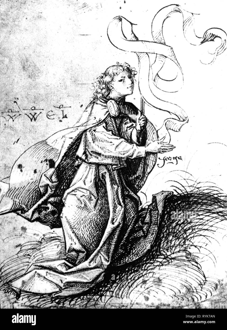 Religion, Christentum, Engel, Engel der Verkündigung, Federzeichnung, von fränkischen Master, ca. 1480, 33,7 x 30,5 cm, Wesenberg Sammlung, Konstanz, Additional-Rights - Clearance-Info - Not-Available Stockfoto