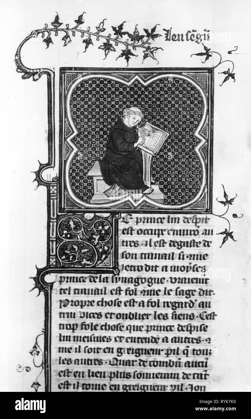 Schreiben, Schreiber, Mönch am Rednerpult, Miniatur aus einem Manuskript, Frankreich, 1372 Additional-Rights - Clearance-Info - Not-Available Stockfoto