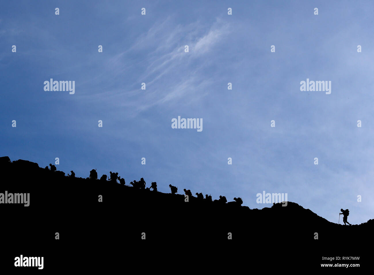 Alpinisten während der Besteigung des Mont Blanc entlang der normalen Route über Gouter Zuflucht. Frankreich. Stockfoto