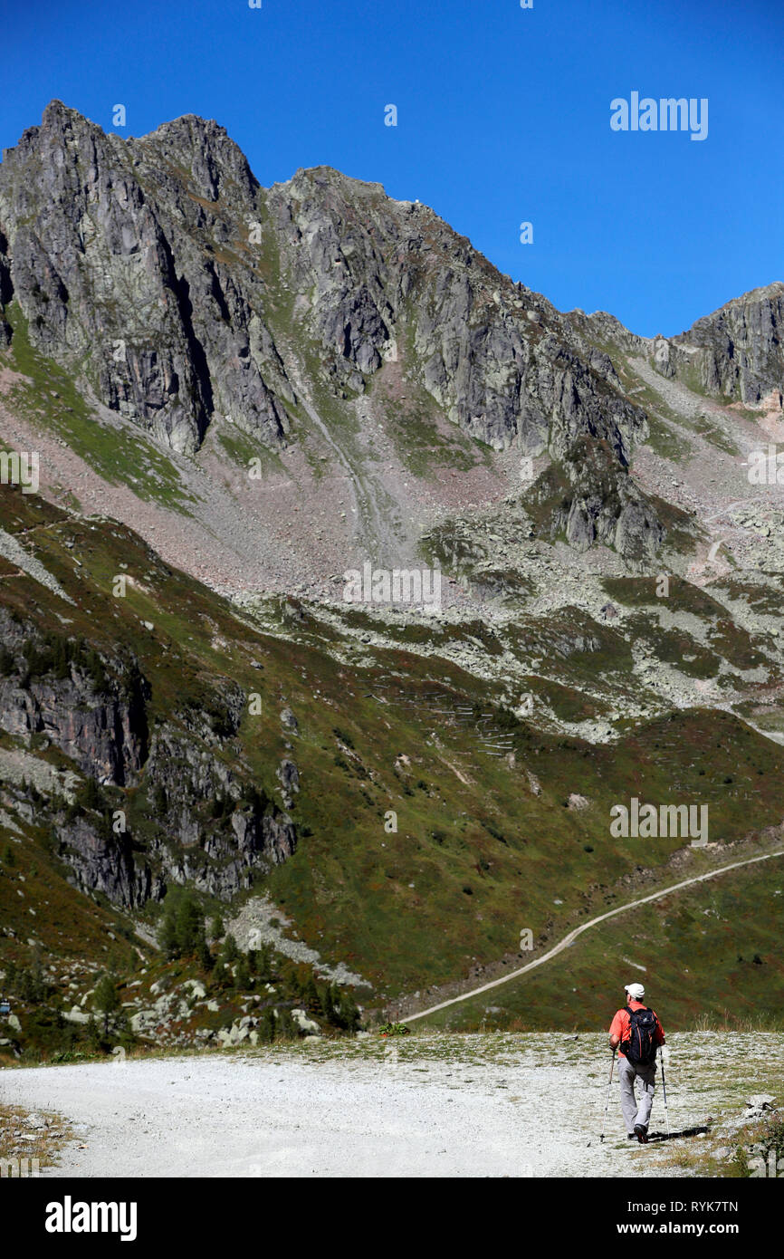 Die französischen Alpen. Tal von Chamonix. Panorama der Aiguilles Rouges massiv von Planpraz. Frankreich. Stockfoto