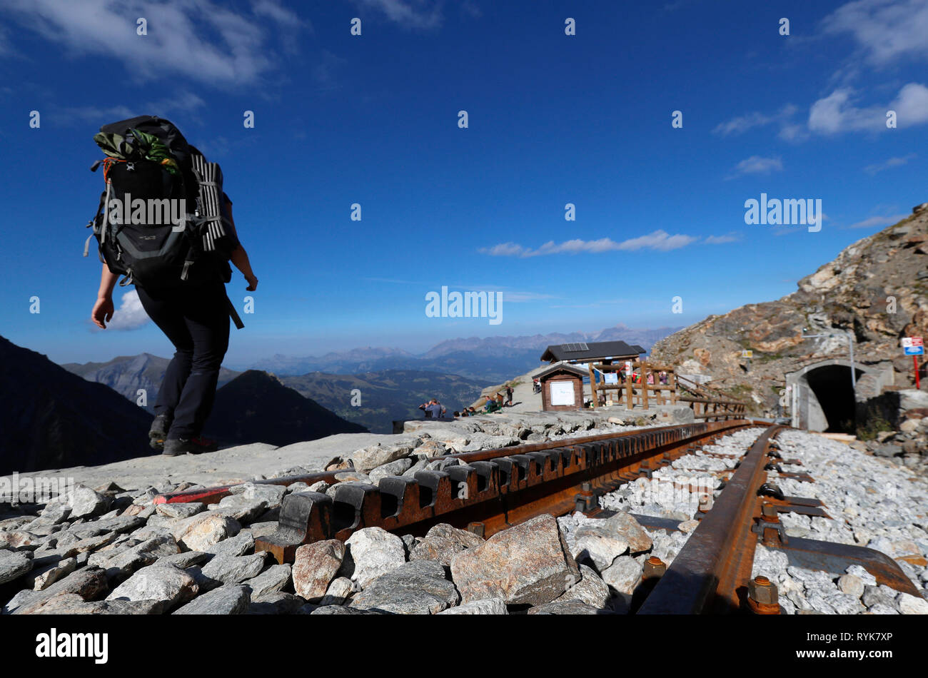 Französische Alpen, Saint-Gervais. Der Mont Blanc Straßenbahn (TMB) ist der höchste Berg in Frankreich. Terminus auf 2372 m. Frankreich. Stockfoto