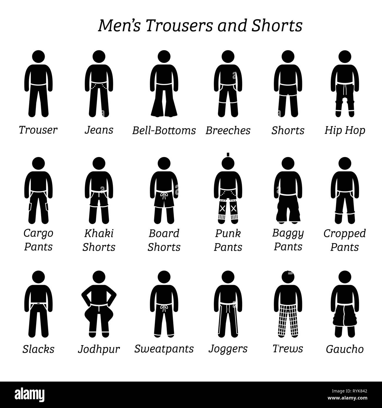 Männer Hosen, Hose und Shorts. Strichmännchen zeigen eine Reihe von  verschiedenen Arten von Hosen, Hosen und Shorts. Diese mode kleidung Design  sind Verschleiß durch Stock-Vektorgrafik - Alamy