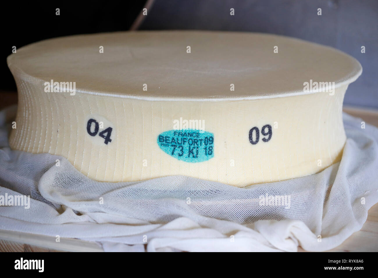 Die französischen Alpen. Handwerkliche Beaufort Käse Werk. Die verwendete Milch stammt aus der Tarine Kühe, die in der hohen Weiden grasen. Peisey Nancroix. Frankreich. Stockfoto