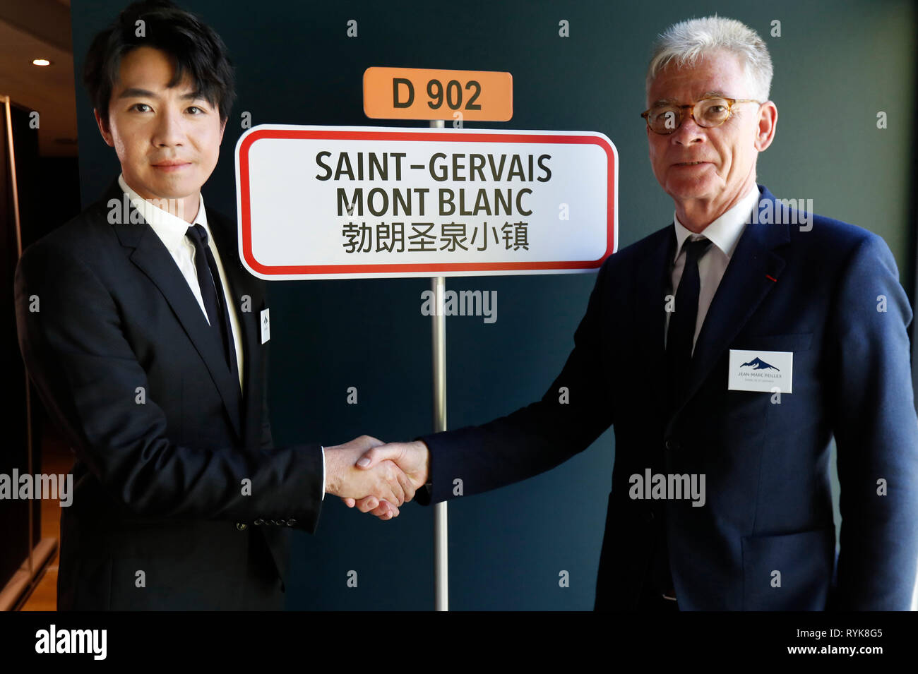 Saint-Gervais Mont-Blanc Thermal Spa. Jean-Marc Peillex und Yu Haoming. 0 ffnung Preisverleihung am 29. September 2018. Frankreich. Stockfoto