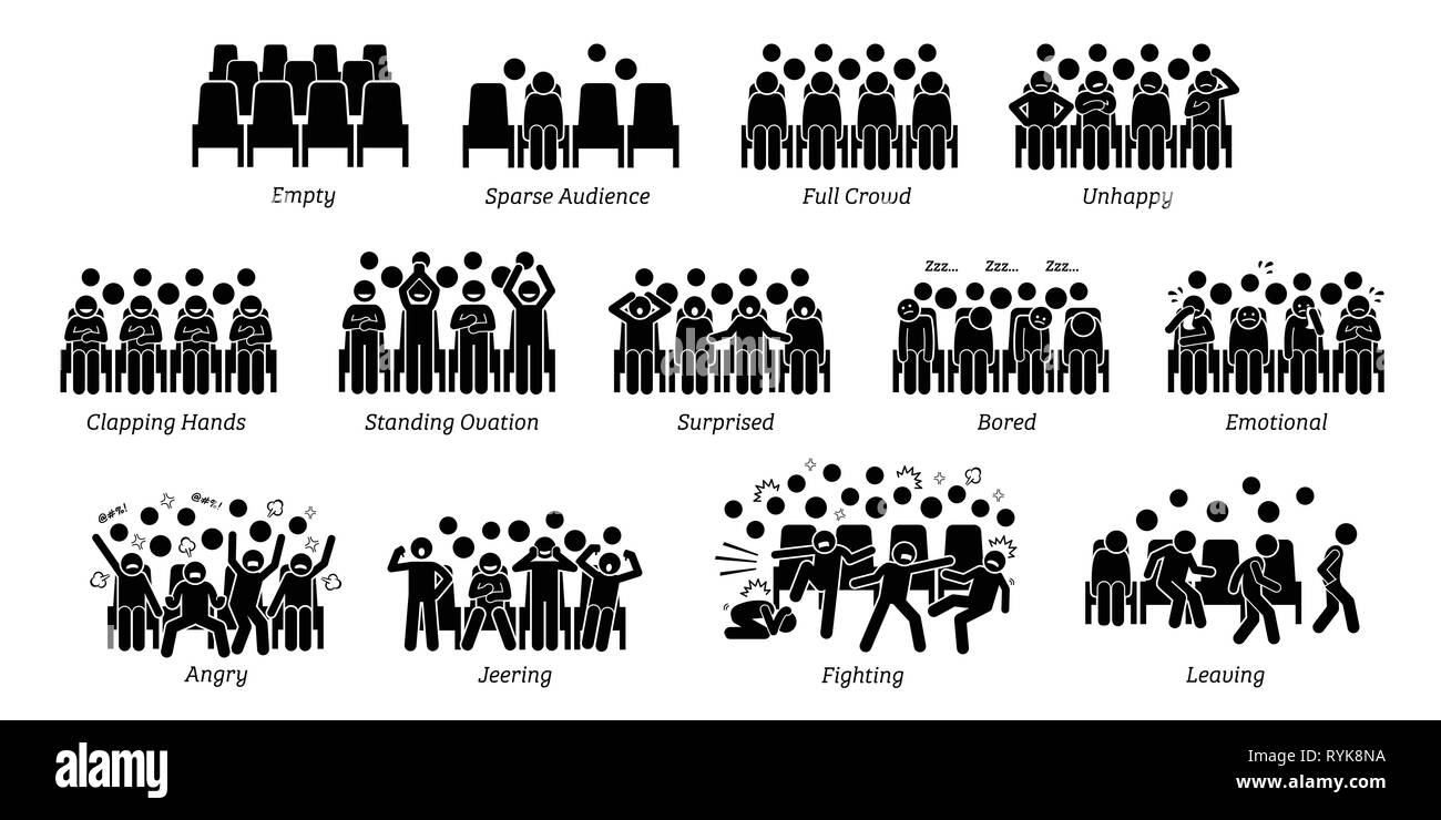 Publikum, Publikum, und Menschen Reaktionen auf die Bühne. Piktogramme zeigen den Zuschauern live zeigen, Emotionen und Aktionen wie glücklich, unglücklich, Stock Vektor
