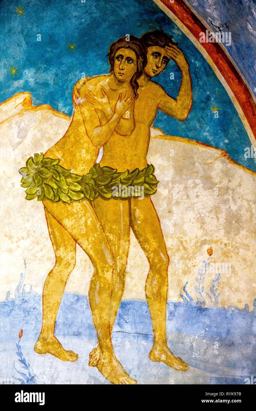 Detail eines Freskos in der griechisch-orthodoxen Kirche der Mariä Verkündigung, Nazareth, Israel. Adam und Eva aus dem Paradies vertrieben. Stockfoto