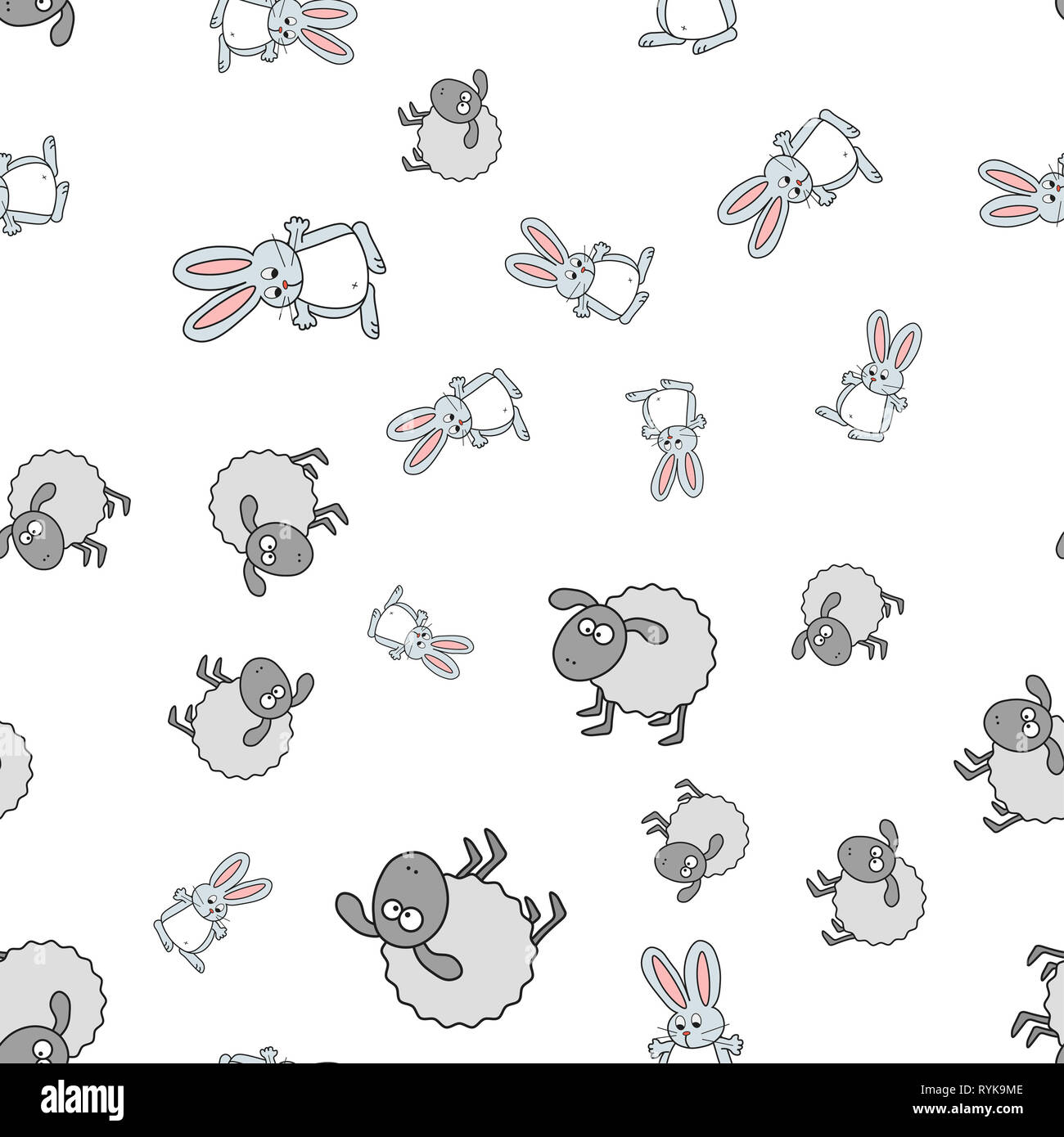 Lämmer und Hasen nahtlose Muster im Comic-stil. Auf weißem Hintergrund, Illustration. Stockfoto