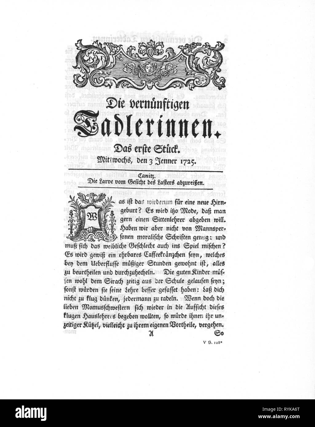 Presse/Medien, Zeitschriften, 'Die vernuenftigen Tadlerinnen", Vorderseite, Herausgeber: Johann Christoph Gottsched (1700-1766), Nr. 1, Halle, 3.1.1725, Additional-Rights - Clearance-Info - Not-Available Stockfoto