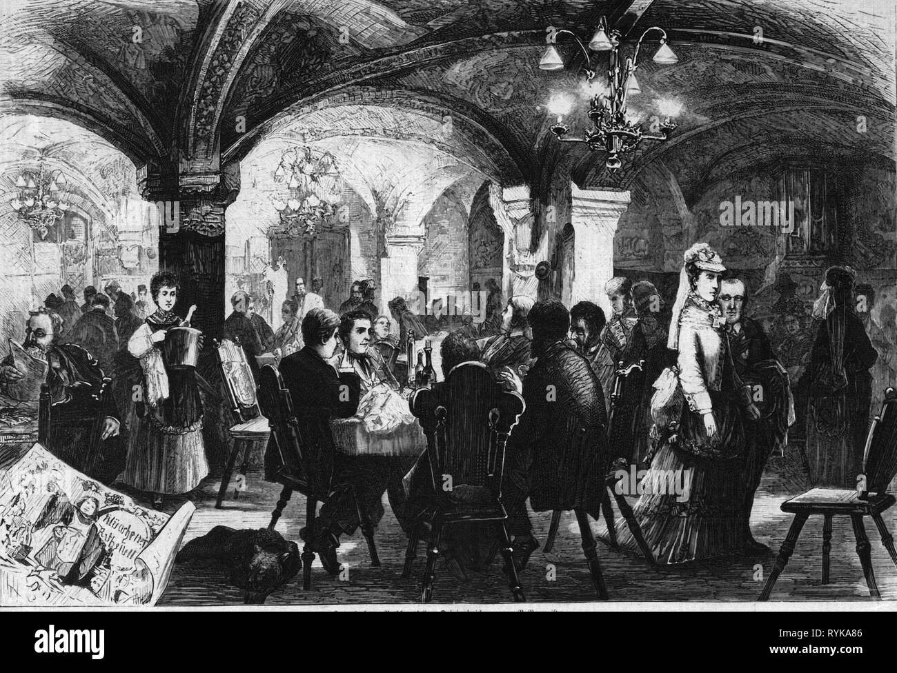 Geographie/Reisen, Deutschland, München, Gastronomie, 'Rathauskellers', Innenansicht, nach original Zeichnung von S. Burmeister, Holzstich, ab: "Illustrirte Zeitung", Nr. 1674, Leipzig, 31.7.1875, 19. Jahrhundert, Grafik, Grafiken, Gasthöfe, Bar, Bars, Pub, Essbereich, Tische, Tisch, Stühle, Stuhl, Keller, Keller, gewölbten Dach, gewölbter Deckel, quaquaversal Struktur, Gast, Gäste, Sitzen, Sitzen, Stehen, Service, Kellnerin, Kellnerinnen, Gasthaus, Gasthof, Hotel, Restaurant, Tavernen, Kellergewölbe, Kellergewölben, neo-gotischen Stil, Gothic Revival, Obere, Additional-Rights - Clearance-Info - Not-Available Stockfoto