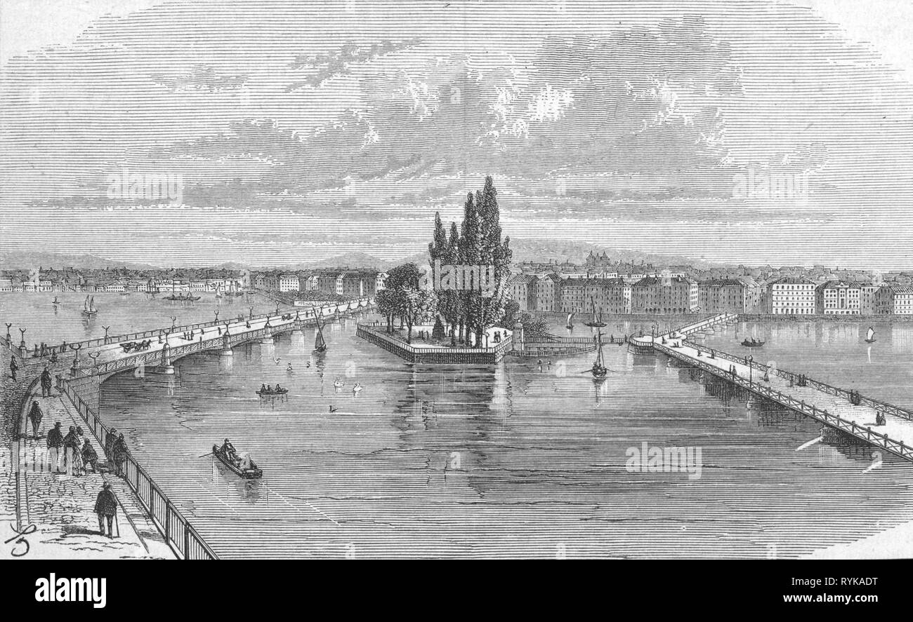 Geographie/Reisen historische, Schweiz, Städte und Gemeinden, Genf, Aussicht, Mündung der Rhone in den Genfer See, Ile de Rousseau, Pont du Bergues und Pont du Mont Blanc, Holzstich, 2. Hälfte 19. Jahrhundert, Geneve, Stadt, Stadt, Cityscape, Blick auf die Stadt, Stadtlandschaften, Stadtbild, Stadtbilder, Wasser, Fluss, Flüsse, Insel, Inseln, Brücken, Brücke, Menschen, Schweiz Französisch, Romandie, Aussicht, Ausblick, See, Seen, historische, geschichtliche, künstlerische Urheberrecht nicht gelöscht werden Stockfoto